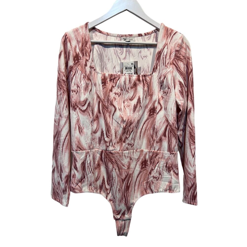 JENNI WOMENS XLARGE SLEEP STRETCH BODYSUIT ROSE MARBLE PINK WHITE NEW! - Picture 2 of 12